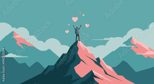 Hiker celebrates on mountain peak with hearts, symbolizing achievement, success, and love for nature