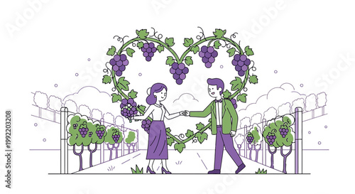 Couple in Vineyard with Heart-Shaped Grape Vines