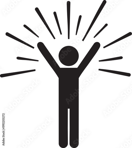 Black stick figure with arms raised in celebration, surrounded by radiating lines