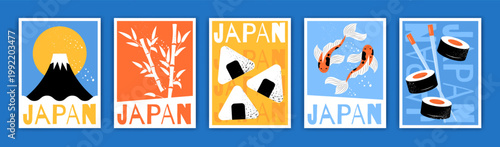 Japan card. Print Asian traditional, sushi, cartoon fish. Japanese culture pattern. Retro mountain, bamboo sticker. Vintage travel poster. Cuisine symbols and tourism sign. Vector decor garish banner