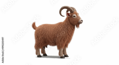 Brown goat with horns standing on a white background, captured in a studio