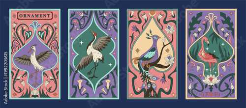 Art nouveau. Vintage label design. Bird drawing with floral background. Pattern frame, antique ornament with flamingo. Border design retro book. Vector floral tidy element, graphic compositions set