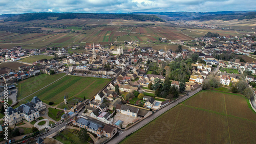 Foto Aerial of the village Meursault in France on a cloudy afternoon in late winter