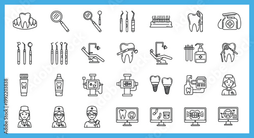 Comprehensive dental care vector icon set featuring medical tools professional equipment tooth implants and clinic staff line illustrations.