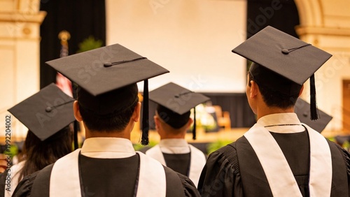 Rear view of graduates in caps and gowns during a formal commencement ceremony inside an auditorium, capturing academic achievement, anticipation, tradition, and educational success.