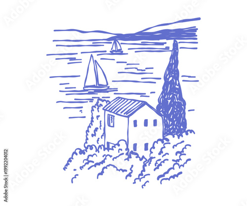 Amalfi Mediterranean landscape with view of mountains, sea, house and boat. Whimsical doodle illustration.