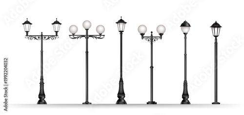 Light street night. Realistic old lantern on pillar. Exterior vintage streetlamp. 3D outdoor lamp. Streetlight on city. Classic outdoor antique. Vector lamppost equipment isolated illustration set