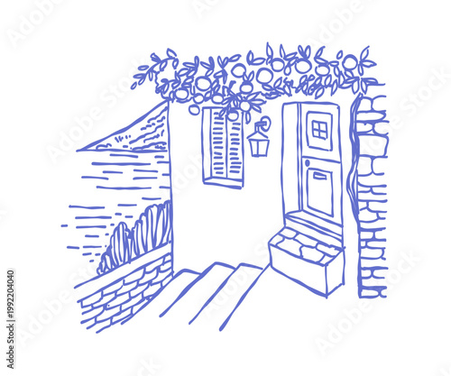 Amalfi Mediterranean landscape with sea view, house with orange branch, ancient stairs. Quirky doodle illustration.