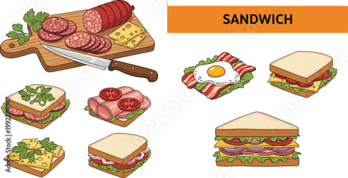 Sandwich Variety Set Vector Illustration Featuring Deli Meat Cheese Bacon Egg and Vegetable Sandwiches with Ingredients on Cutting Board for Cafe Menu Food Design