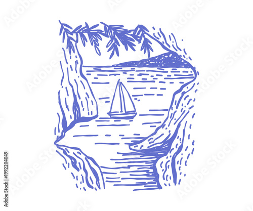 Mediterranean Amalfi landscape with view of mountains, sea, boat and olive branches. Whimsical doodle illustration.