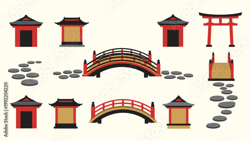 Japanese garden torii bridge zen pond stone path lantern bonsai maple gate roof pagoda vector illustration