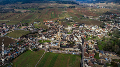 Fotografie Aerial of the village Meursault in France on a cloudy afternoon in late winter