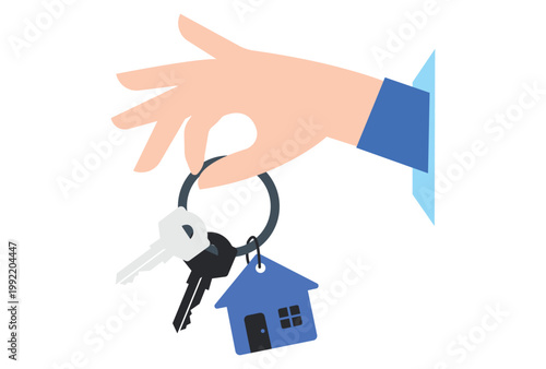 Hand holding a house keys with a home shaped keychain representing property purchase or real estate ownership.
