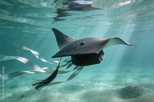 A graceful stingray glides underwater wearing a graduation cap, creating a playful surreal concept of education, achievement, celebration, and marine imagination in clear blue ocean light.