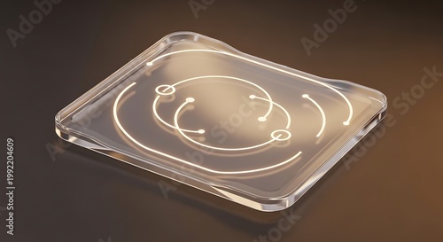 Modern transparent acrylic tray with glowing circuit rings and dots on brown background.