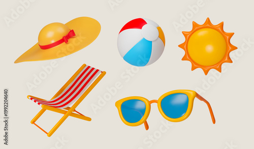 Beach 3D icon. Summer shape ball, chair, hat. Render cartoon seasonal accessories for sea vacations. Element of tropical travel. Sunglasses for the sun. Plastic stickers. Vector cute isolated set