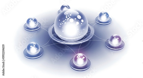 Futuristic network of translucent blue spheres connected by lines on a circular base.