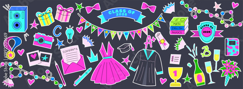 Sticker school. Graduate party, mortarboard. Cartoon education. Award study, university certificate. College diploma. Emotion happiness, party festive items. Vector garish isolated icon collection