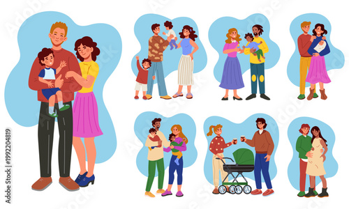 Family. Father, mother and child. Happy parent. Embrace mom, dad and children. Joy childhood, parenthood support. Traditional couple. Vector tidy character cartoon flat style isolated illustration