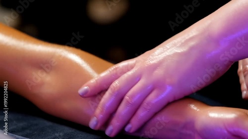 Therapist hands applying professional arm massage with calm mood under purple neon lighting