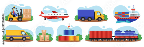 Delivery transport. Service for cargo by transportation. Cargo logistics. Shipping airplane, ship, car. Business container, import box. Vector tidy trade cartoon flat style isolated illustration set
