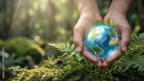 Hands holding small planet Earth over green moss in forest, environmental care concept, sustainability idea, nature protection, global responsibility.