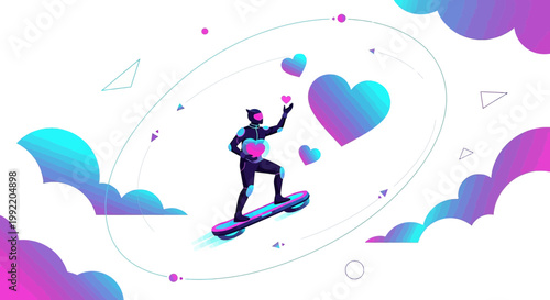 Futuristic Robot on Hoverboard with Hearts and Clouds, Love Technology Concept