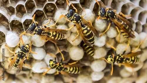 Fotografi Close up of wasps on hexagonal nest with detailed colony structure