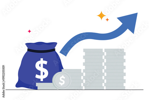 Business financial growth concept showing a large blue money bag with dollar sign next to stacks of silver coins and rising arrow.