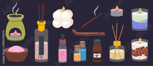 Aromatherapy spa. Wellness products. Aroma cosmetic, candle, diffuser, essential oil, bottle, incense. Organic perfume. Cute ayurveda herbal products. Vector cartoon flat isolated illustration set