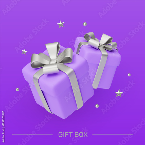 3D present. Gift box, silver ribbon bow. Violet package, icon party. Surprise for Happy birthday celebration decorative stars. Vector purple container render isolated minimal festive element set