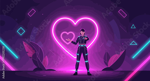 Futuristic Woman Dancing in Neon Heart Tunnel, Cyberpunk Vibe, Digital Art