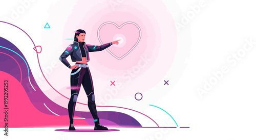Futuristic Woman Interacting with Digital Heart Interface, Cyberpunk Style