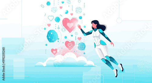 Futuristic Woman Interacting with Digital Hearts and Geometric Shapes, AI Love Concept