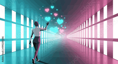 Futuristic Woman Interacting with Digital Hearts in Neon Tunnel