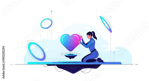Futuristic Woman Interacts with Glowing Geometric Heart in Digital Interface