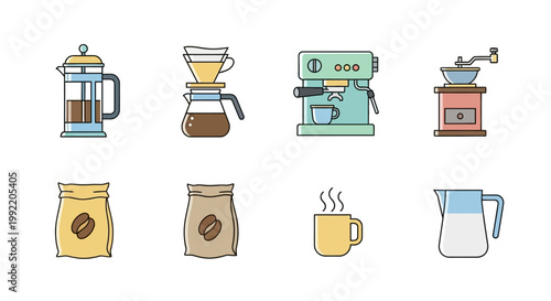 Set of flat coffee brewing equipment icons including espresso machine, french press, and grinder