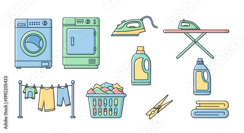 Collection of laundry equipment and cleaning icons on white background