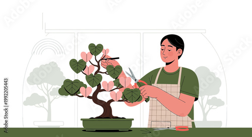 Gardener Pruning Bonsai Tree with Heart-Shaped Leaves, Symbolizing Love and Care