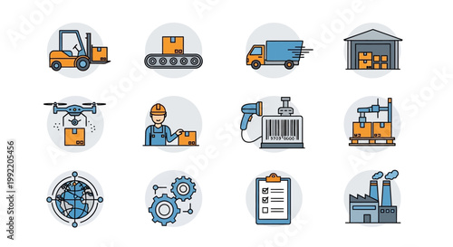 Bild auf Leinwand Logistics and supply chain management icon set with industrial symbols