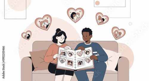 Couple Looking At Photo Album With Heart Shaped Memories