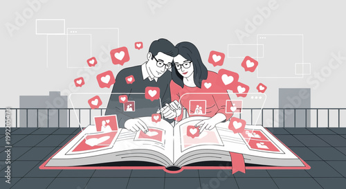 Couple Looking at Photo Album, Surrounded by Social Media Likes and Hearts