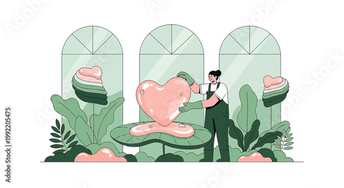 Gardener tending to a giant heart sculpture in a greenhouse, abstract botanical art