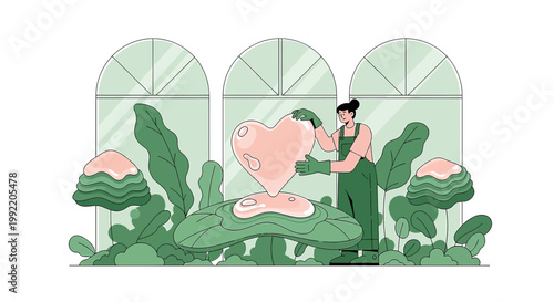 Gardener tending to a glowing pink heart sculpture in a greenhouse