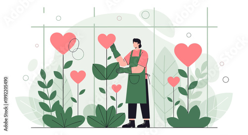 Gardener Tending to Blooming Heart Flowers in Greenhouse