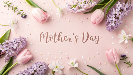 Mother’s Day Floral Background – Elegant Pink Pastel Flowers Frame with Tulips and Spring Blossoms Greeting Card Design