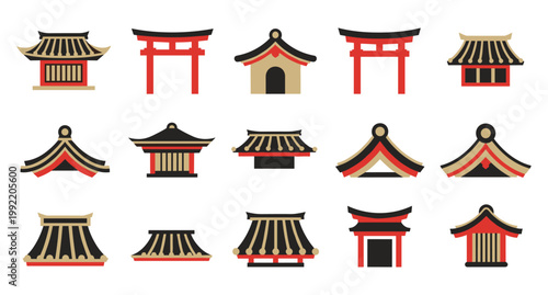 Pagoda icons grid tiered roof torii shrine red black gold minimal vector illustration set flat