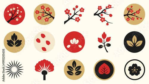 Cherry sakura floral icon grid red black gold circular motifs vector illustration minimal decorative textile emblem set