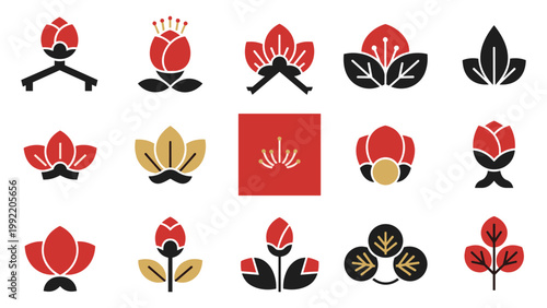 Cherry sakura floral icon grid red black gold circular motifs vector illustration minimal emblem set