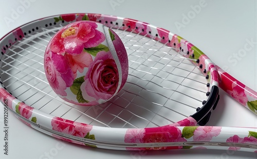 Floral tennis racket and ball with pink rose pattern, creative sporty concept, vibrant design, stylish spring equipment and playful modern aesthetic.